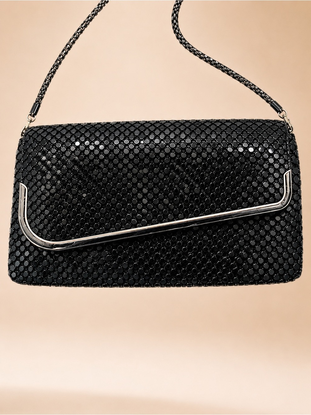VTG Black Metal Sequin Mesh Clutch w Metallic Flap Trim & Removable Mesh Strap - Picture 15 of 16